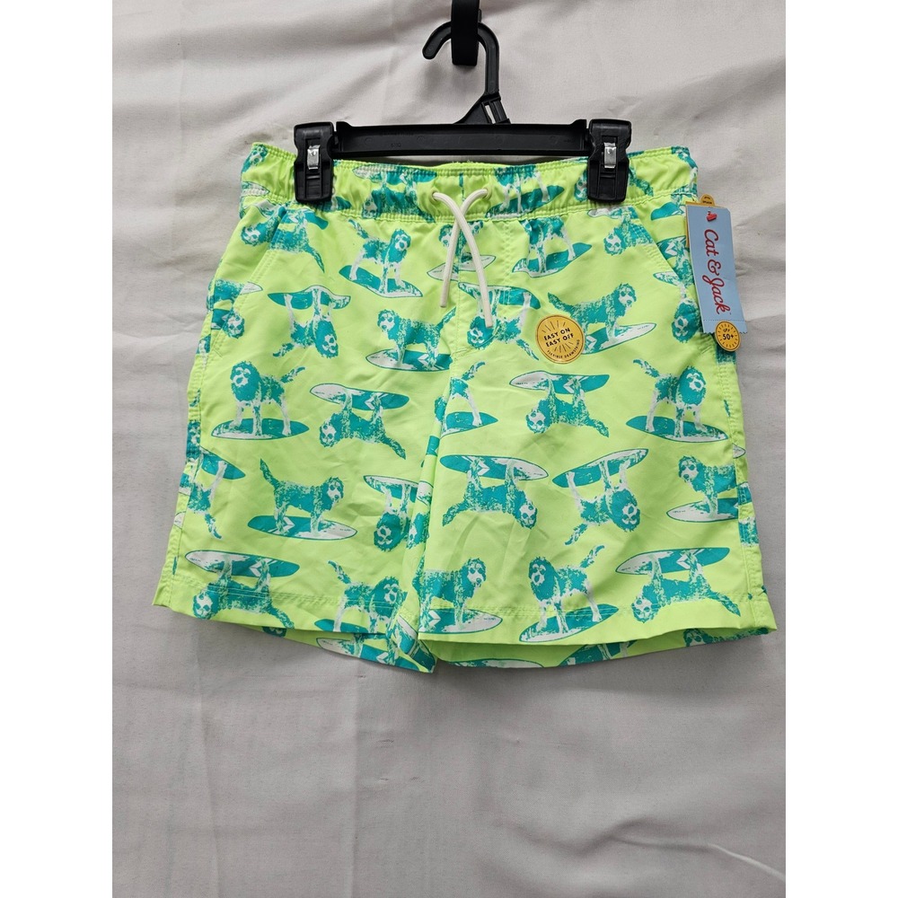 Cat & Jack Boys Surfing Dog Swim Trunks Green Polyester Size Medium Husky